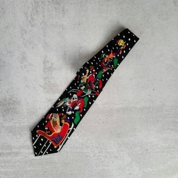 VTG 90's Looney Tunes Holiday Silk Polka Dot Tie - Picture 2 of 8